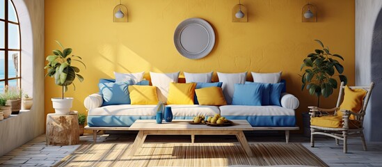Poster - Vibrant living space features a white couch against sunny yellow walls. with copy space image. Place for adding text or design