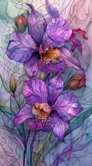 Wall Mural - A painting of two purple flowers with green stems