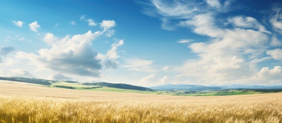 Aufkleber - Vast expanse of golden wheat field stretching beneath a clear blue sky in a picturesque rural scene. with copy space image. Place for adding text or design