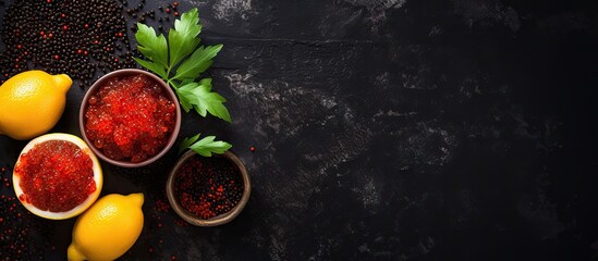 Fototapete - On a black table, there are fresh lemons, a red pepper, and some parsley scattered around. with copy space image. Place for adding text or design
