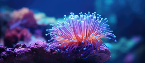 Sea anemone in aquarium tank displaying vibrant purple and orange colors. with copy space image. Place for adding text or design
