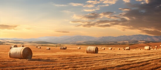 Wall Mural - A serene summer scene in Sicily at sunset, showing a valley with harvested wheat fields and scattered hay bales under the orange sky. with copy space image. Place for adding text or design