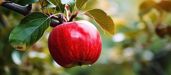 Fototapete - Ripe red apple suspended from a lush tree branch. with copy space image. Place for adding text or design