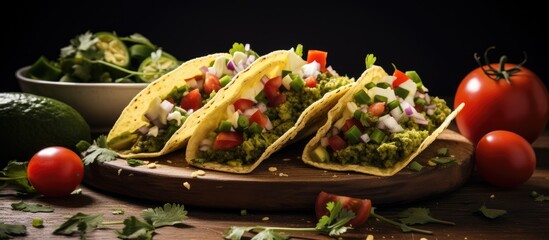 Fototapete - Mexican tacos filled with flavorful guacamole, cheese, and a variety of fresh toppings like tomatoes and onions. with copy space image. Place for adding text or design