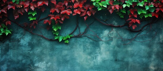 Aufkleber - Wall adorned with lush green and vibrant red leaves creating a natural and colorful display. with copy space image. Place for adding text or design