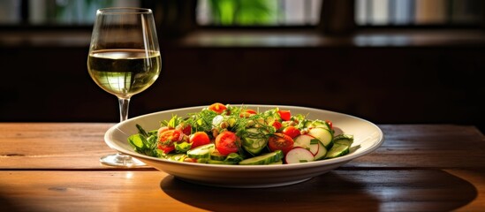 Leinwandbilder - Salad arranged in a white plate placed next to a glass of wine on a wooden table. with copy space image. Place for adding text or design