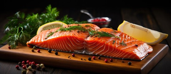 Leinwandbilder - Fresh salmon slices with lemon and spices arranged on a wooden cutting board. with copy space image. Place for adding text or design