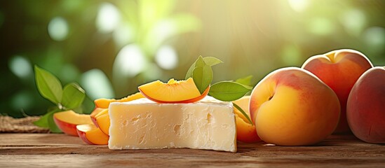 Poster - Fresh peaches and cheese displayed on a wooden table against a bright background. with copy space image. Place for adding text or design