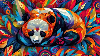 Wall Mural - A colorful panda bear is laying down on a colorful background