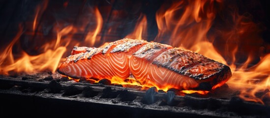Leinwandbilder - Salmon cooking on the grill, capturing the intense flames and close-up details of the fish as it cooks. with copy space image. Place for adding text or design