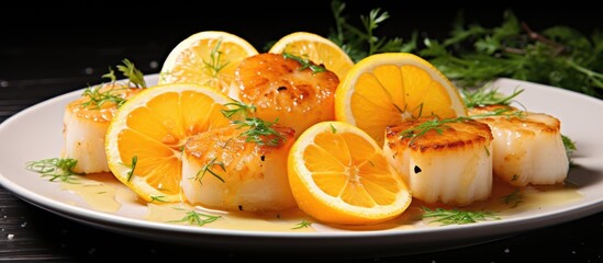 Poster - Seared scallops with a golden crust served on a plate garnished with fresh lemon slices. with copy space image. Place for adding text or design