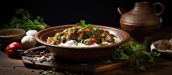 Aufkleber - Close-up view of a bowl of Tagine Meat with herbs and Yogurt, placed on a table among other dishes. with copy space image. Place for adding text or design