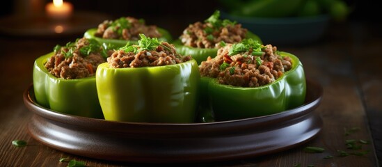 Aufkleber - Bowl containing green bell peppers filled with a mixture of meat and herbs, ready to be cooked. with copy space image. Place for adding text or design