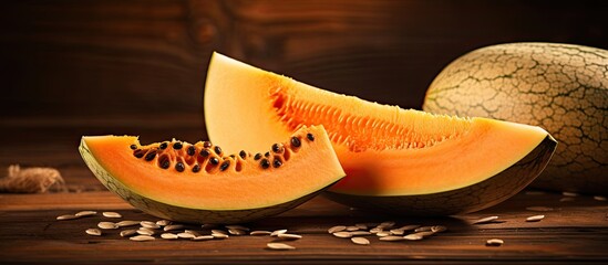 Fototapete - Close-up of sliced melon pieces with seeds and skin, next to a whole melon, all on a wooden table. with copy space image. Place for adding text or design