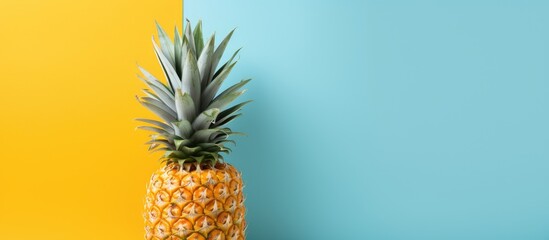 Leinwandbilder - Ripe pineapple resting on a table with a vibrant blue and yellow wall behind it. with copy space image. Place for adding text or design