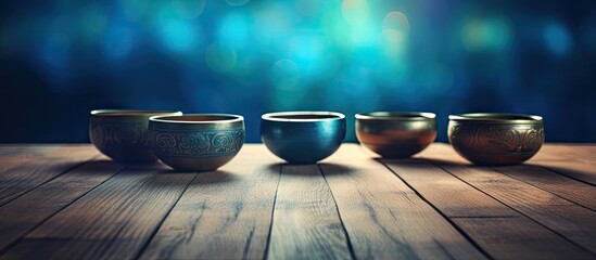 Leinwandbilder - Lined up on a wooden table are three bowls of different colors, creating a vibrant display. with copy space image. Place for adding text or design