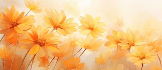 Fototapete - Yellow flowers bloom abundantly in a field against a clean white background. with copy space image. Place for adding text or design