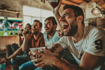 A group of enthusiastic friends enjoying a football game on TV at home, celebrating with drinks and snacks.