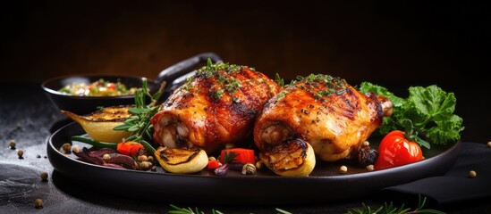 Poster - Plate showcasing delicious seasoned chicken with an assortment of fresh vegetables and aromatic herbs. with copy space image. Place for adding text or design