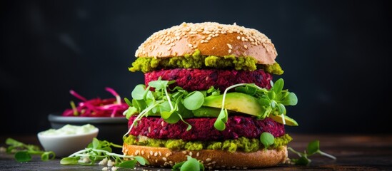 Fototapete - A close-up of a delicious vegan beet and quinoa burger topped with avocado dressing, served with a side of crisp pickles. with copy space image. Place for adding text or design