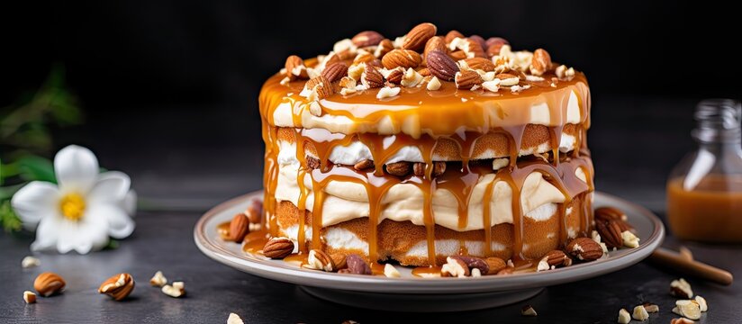 Cake topped with rich caramel and crunchy nuts, perfect for indulging in a sweet and nutty treat. with copy space image. Place for adding text or design