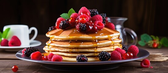 Poster - Plate of delicious pancakes with a vibrant assortment of berries and drizzled with syrup on a table. with copy space image. Place for adding text or design