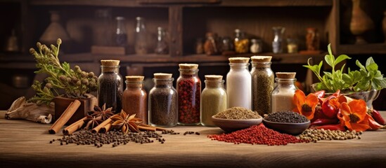 Poster - Assorted bottles of spices and herbs neatly displayed on a wooden table with a rustic shelf in the kitchen. with copy space image. Place for adding text or design
