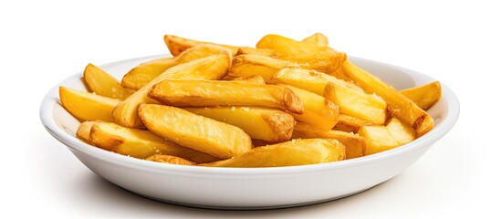 Poster - Plate filled with crispy golden French fries displayed on a clean white surface. with copy space image. Place for adding text or design