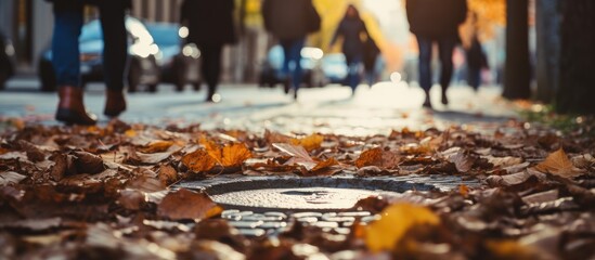 Aufkleber - Pedestrians strolling on a pavement covered with fallen leaves during late autumn, with a close-up of a manhole on the sidewalk. with copy space image. Place for adding text or design