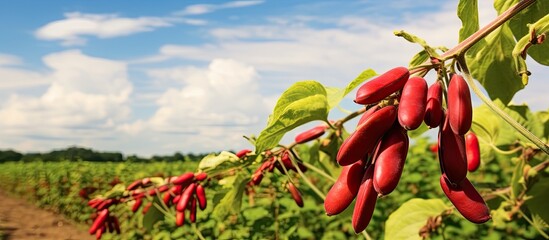 Aufkleber - Lush red peppers growing abundantly on a tree in a vast field, alongside the red bean plant Vigna angularis. with copy space image. Place for adding text or design