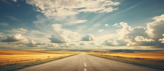 Aufkleber - A scenic rural road meanders through expansive fields under a sky filled with fluffy white clouds. with copy space image. Place for adding text or design