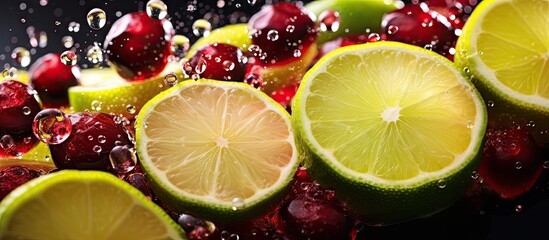 Poster - Assorted ripe fruit getting splashed with water, creating a refreshing and appetizing scene. with copy space image. Place for adding text or design