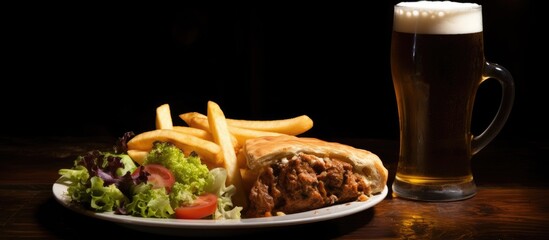 Aufkleber - Giraffe sandwich and French fries served on a plate, accompanied by a glass of beer. Pub pie with chips, salad, and beer in the background. with copy space image. Place for adding text or design