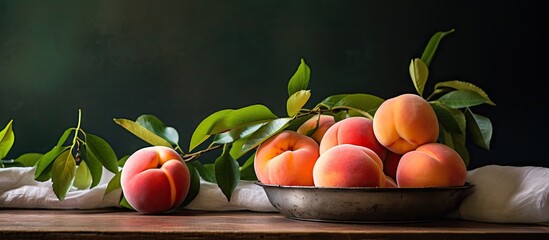 Leinwandbilder - Arrangement of ripe peaches placed in a bowl resting on a wooden table. with copy space image. Place for adding text or design