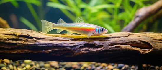 A close up view of a colorful fish swimming amidst rocks and plants in an aquarium setting. with copy space image. Place for adding text or design