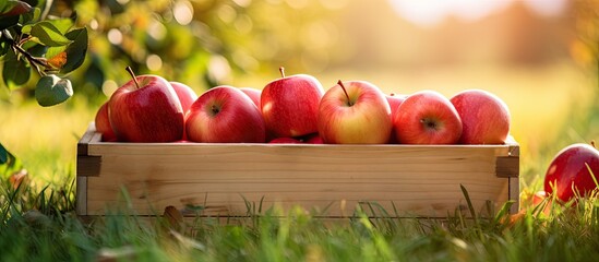 Fototapete - Freshly harvested red apples displayed in a wooden crate placed on green grass under sunlight. with copy space image. Place for adding text or design