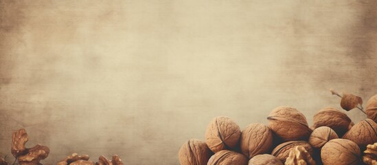 Poster - Assorted walnuts spread out on a wooden tabletop with a textured old paper background. with copy space image. Place for adding text or design