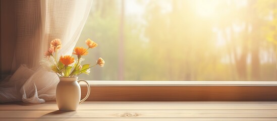 Fototapete - Vase holding flowers, bathed in soft morning sunlight on a window sill. with copy space image. Place for adding text or design