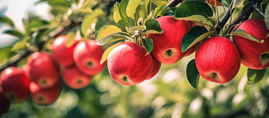 Fototapete - Red apples hang from the tree branches, glistening in the warm sunlight on a beautiful day. with copy space image. Place for adding text or design