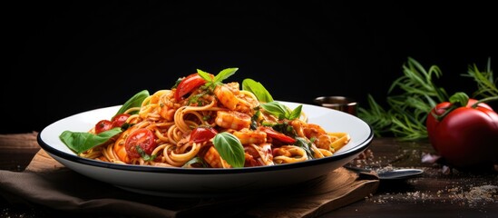 Poster - Spaghetti served on a plate topped with ripe tomatoes and fragrant basil leaves. with copy space image. Place for adding text or design