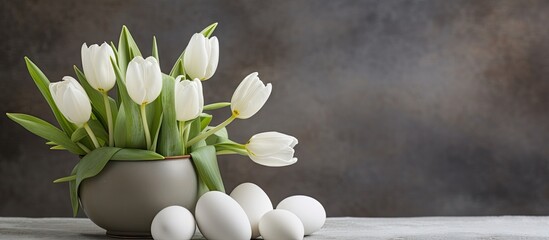 Fototapete - White eggs and a vase of white tulips placed on a table, creating a simple and elegant Easter table decoration. with copy space image. Place for adding text or design