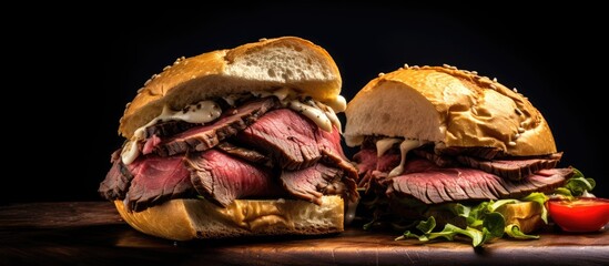 Poster - A detailed view showcasing a delicious roast beef sandwich presented on a wooden cutting board with assorted vegetables. with copy space image. Place for adding text or design
