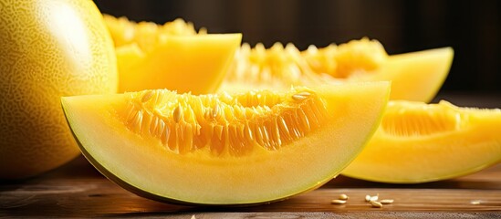 Aufkleber - Juicy slices of ripe cantaloupe arranged on a wooden table, showcasing their sweet yellow flesh. with copy space image. Place for adding text or design