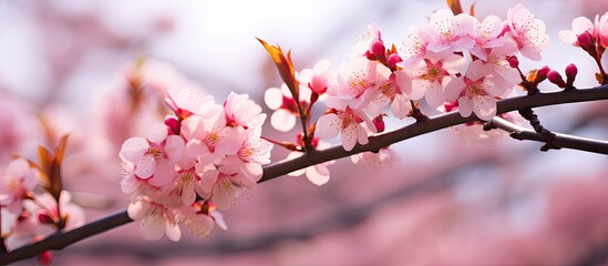 Aufkleber - A tree branch filled with beautiful pink flowers, creating a picturesque scene at Okamoto Park. with copy space image. Place for adding text or design