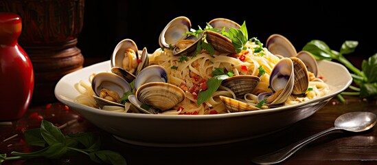 Wall Mural - A delicious dish featuring steamed clams, tender linguini, and a glass of wine, perfect for a gourmet meal. with copy space image. Place for adding text or design