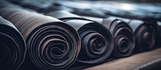 Detailed close-up view of a row of tightly rolled black leather material for manufacturing purposes. with copy space image. Place for adding text or design