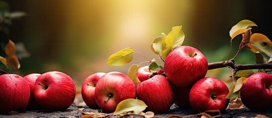 Fototapete - Red apples are seen nestled on a tree branch, set against a backdrop of vibrant autumn foliage. with copy space image. Place for adding text or design