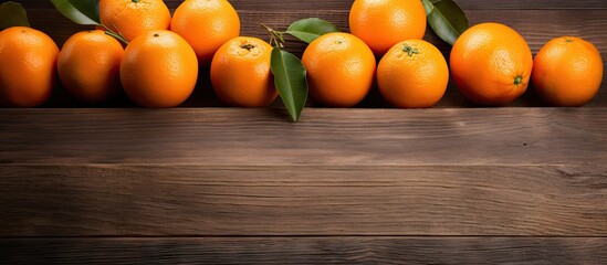 Poster - Ripe oranges arranged neatly on a rustic wooden table. with copy space image. Place for adding text or design