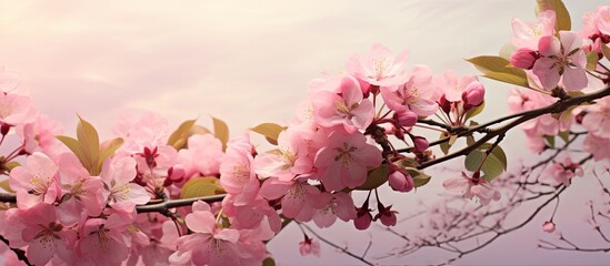 Poster - Pink blossoms on a tree branch contrast against lush green foliage. with copy space image. Place for adding text or design