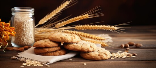 Poster - Close-up view of a group of cookies arranged on a table with wheat grains scattered around them. with copy space image. Place for adding text or design